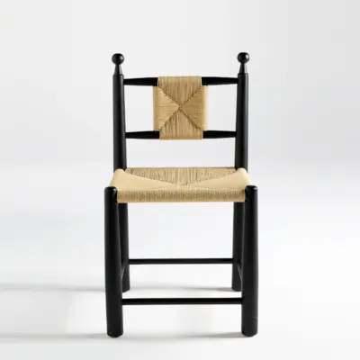 Mid-Century Modern Black Rubberwood Dining Chair with Hand-Woven Kraft Paper Cord Seat