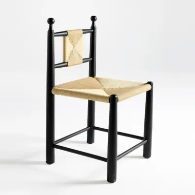 Mid-Century Modern Black Rubberwood Dining Chair with Hand-Woven Kraft Paper Cord Seat