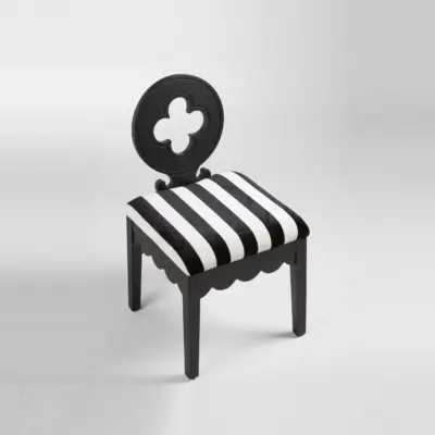 Whimsical Gothic-Inspired Rubberwood Dining Chair with Striped Fabric and Quatrefoil Backrest