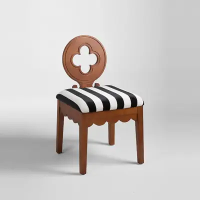 Whimsical Gothic-Inspired Rubberwood Dining Chair with Striped Fabric and Quatrefoil Backrest