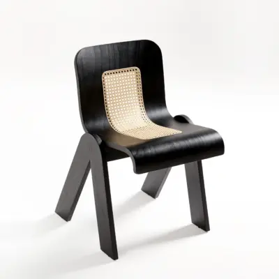 Mid-Century Modern Rubberwood Dining Chair with Natural Indonesian Rattan Backrest