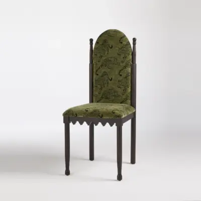 Avant-Garde High-Back Ash Wood Dining Chair with Emerald Leopard Velvet Upholstery in Black Oak