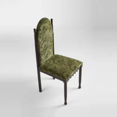 Avant-Garde High-Back Ash Wood Dining Chair with Emerald Leopard Velvet Upholstery in Black Oak