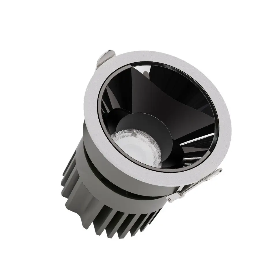 Anti Glare COB LED Recessed Downlight CRI90 with white aluminum rim and black deep reflector for commercial ceiling installation cutout