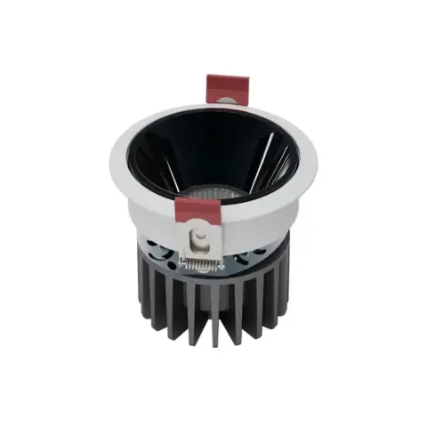 Anti Glare COB LED Recessed Downlight CRI90 with white aluminum rim and black deep reflector for commercial ceiling installation cutout