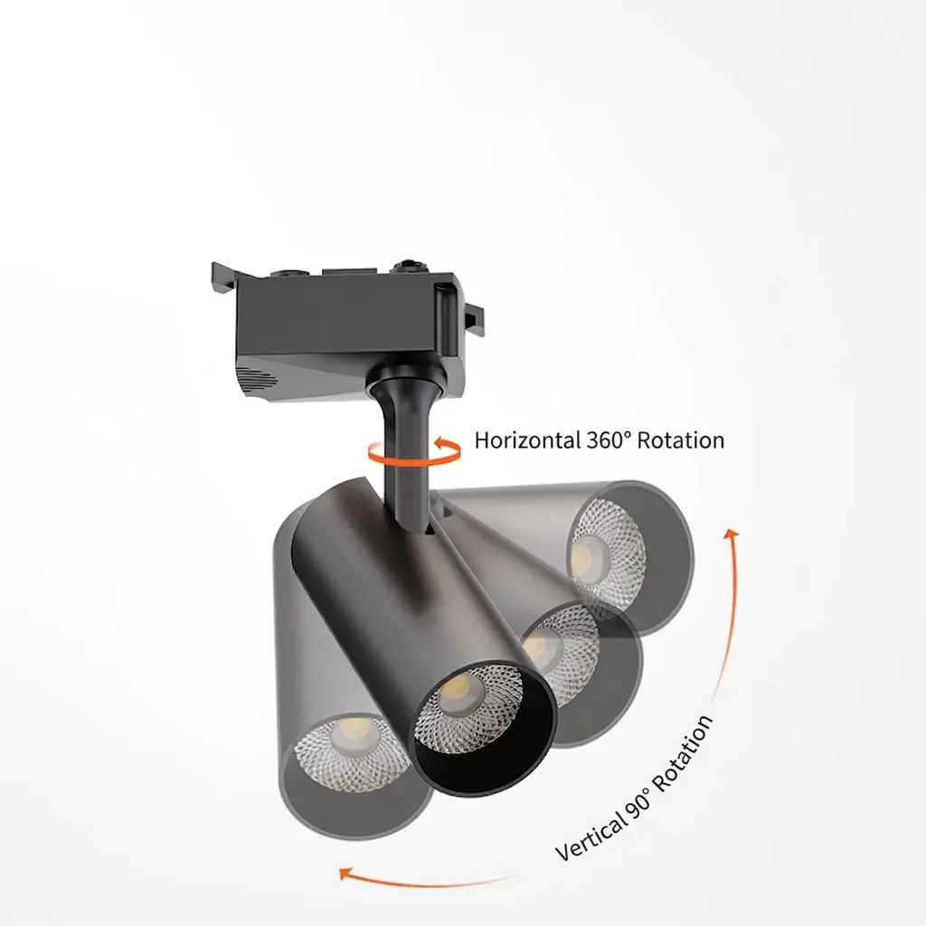 IP23 Adjustable LED Track Light Aluminum Spotlight in matte black and white finishes mounted on a tracking rail ceiling system