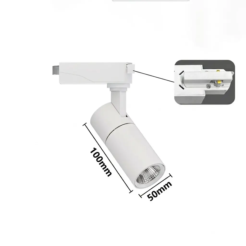 IP23 Adjustable LED Track Light Aluminum Spotlight in matte black and white finishes mounted on a tracking rail ceiling system