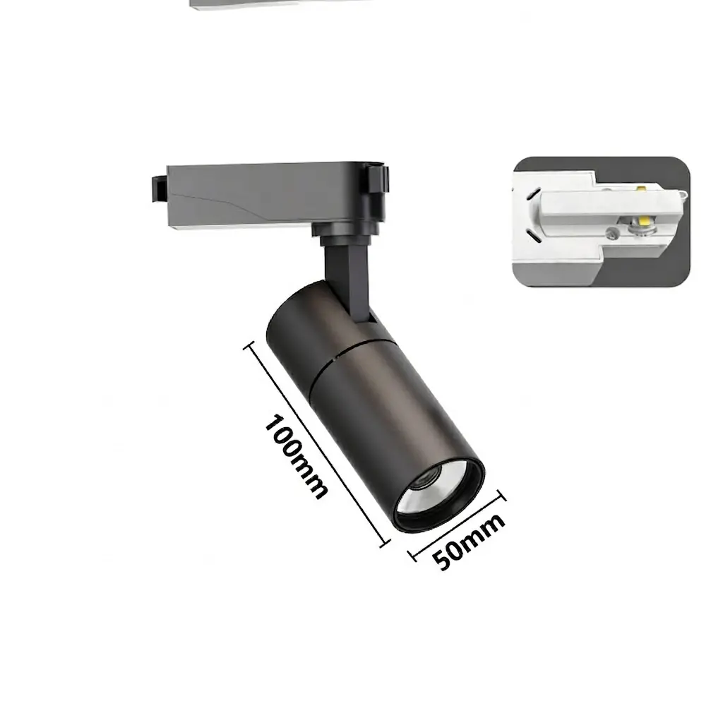 IP23 Adjustable LED Track Light Aluminum Spotlight in matte black and white finishes mounted on a tracking rail ceiling system