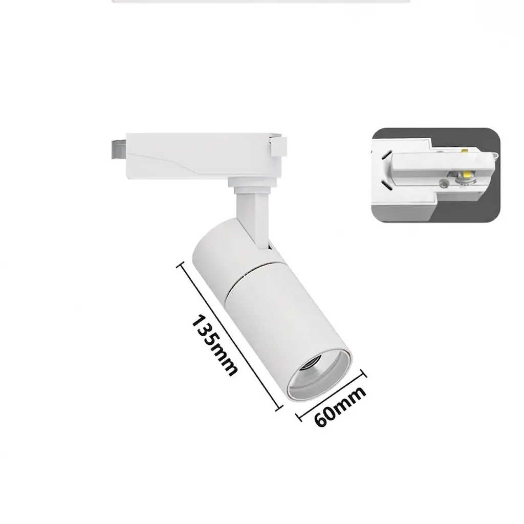 IP23 Adjustable LED Track Light Aluminum Spotlight in matte black and white finishes mounted on a tracking rail ceiling system