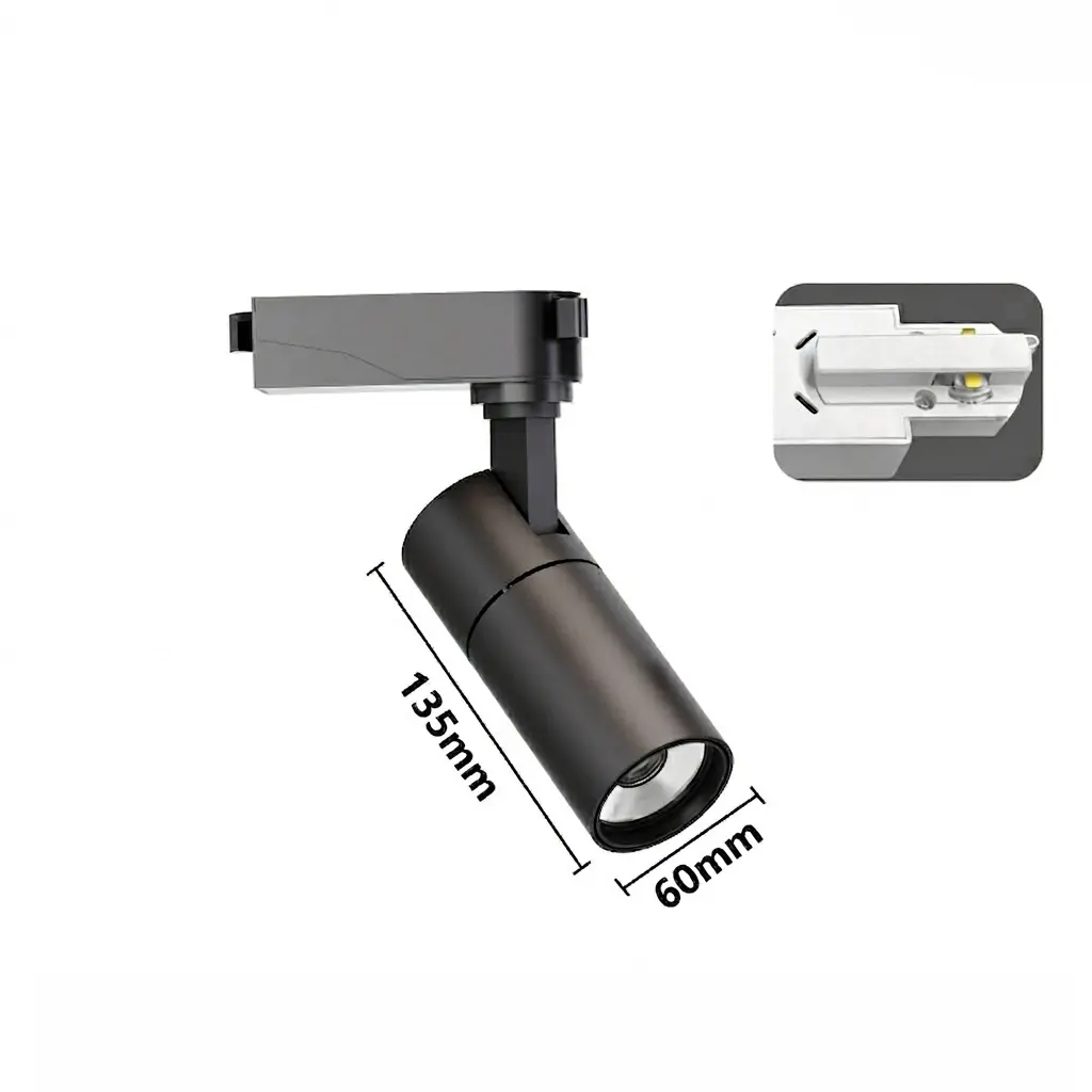 IP23 Adjustable LED Track Light Aluminum Spotlight in matte black and white finishes mounted on a tracking rail ceiling system