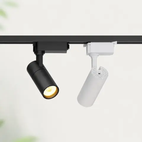 IP23 Adjustable LED Track Light Aluminum Spotlight in matte black and white finishes mounted on a tracking rail ceiling system