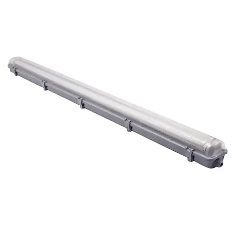 WaBrite Tri Proof LED Linear Light grey plastic shell batten fixture showing end compression gland close up