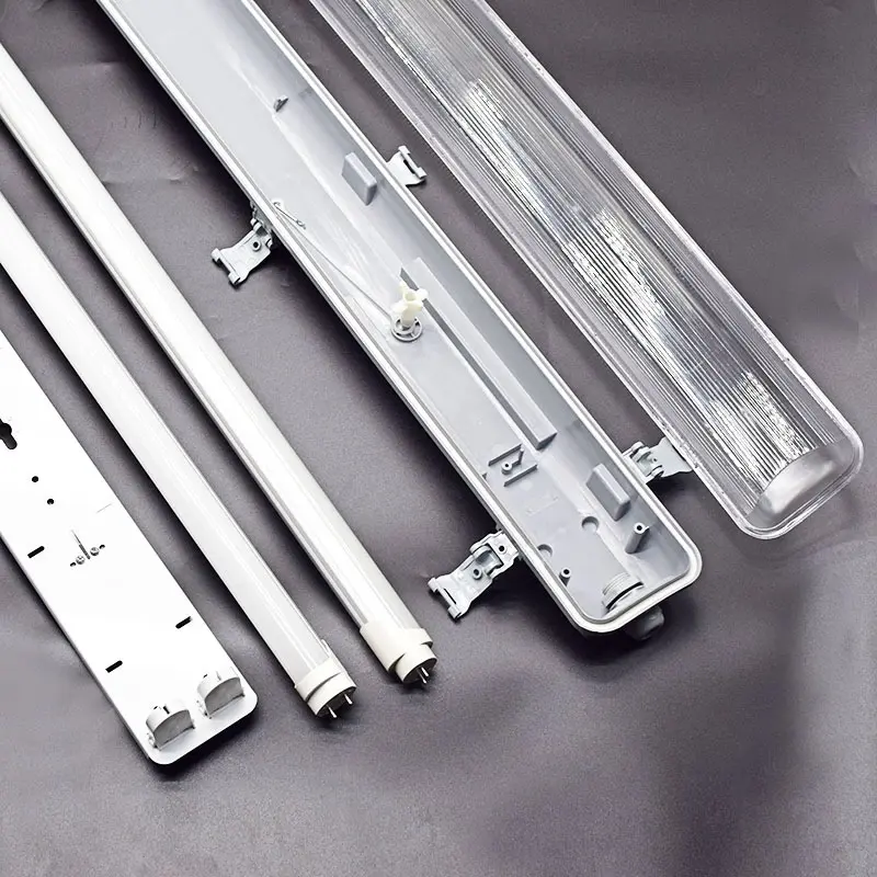 WaBrite Tri Proof LED Linear Light grey plastic shell batten fixture showing end compression gland close up