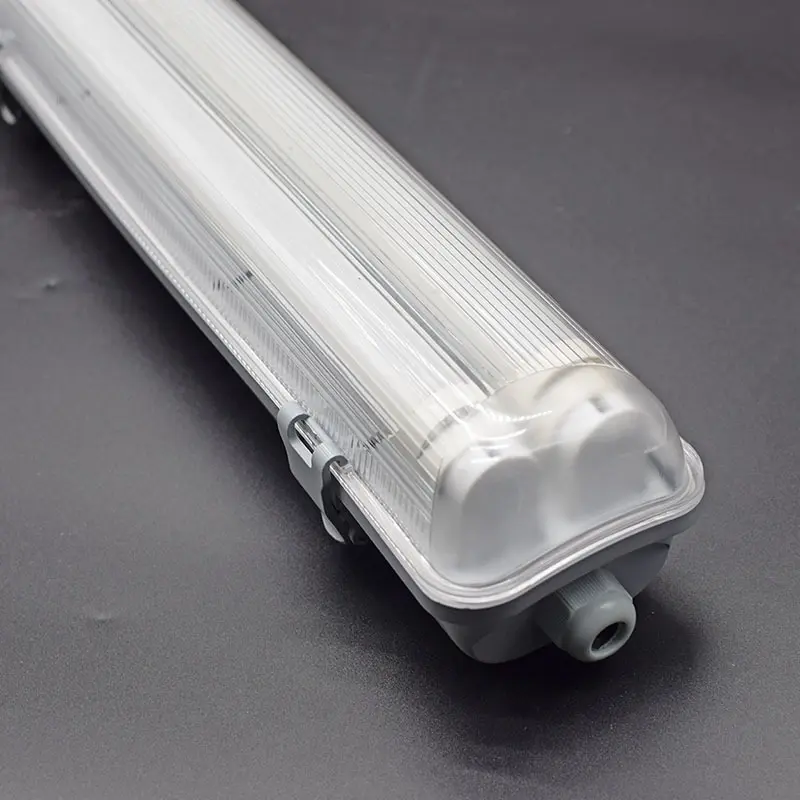 WaBrite Tri Proof LED Linear Light grey plastic shell batten fixture showing end compression gland close up