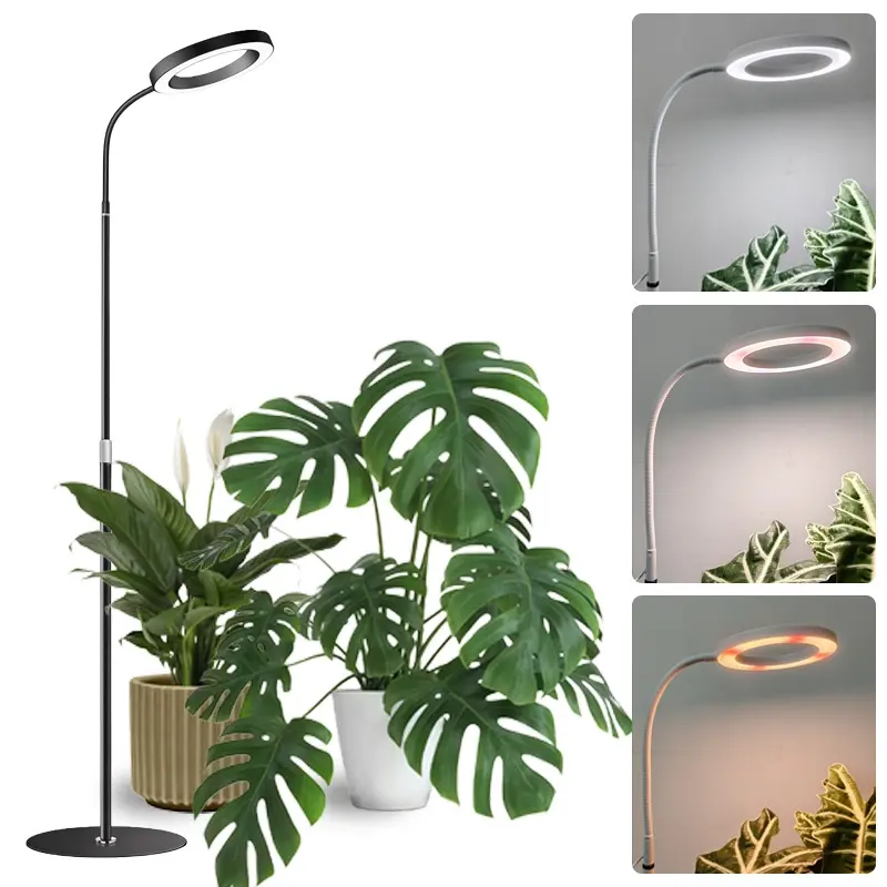 WaBrite full spectrum LED grow light with adjustable telescopic floor stand illuminating indoor plants and monstera.