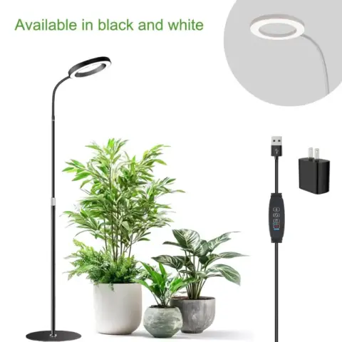 WaBrite full spectrum LED grow light with adjustable telescopic floor stand illuminating indoor plants and monstera.
