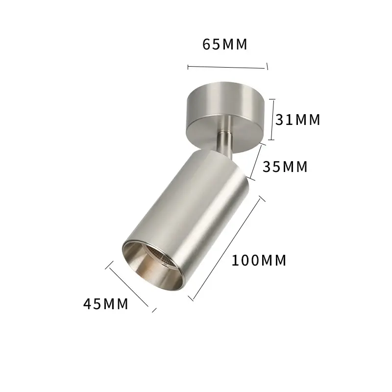 Silver aluminum surface mounted LED spotlight with dimensions 45mm and 55mm diameter by 100mm height showing adjustable cylinder design.