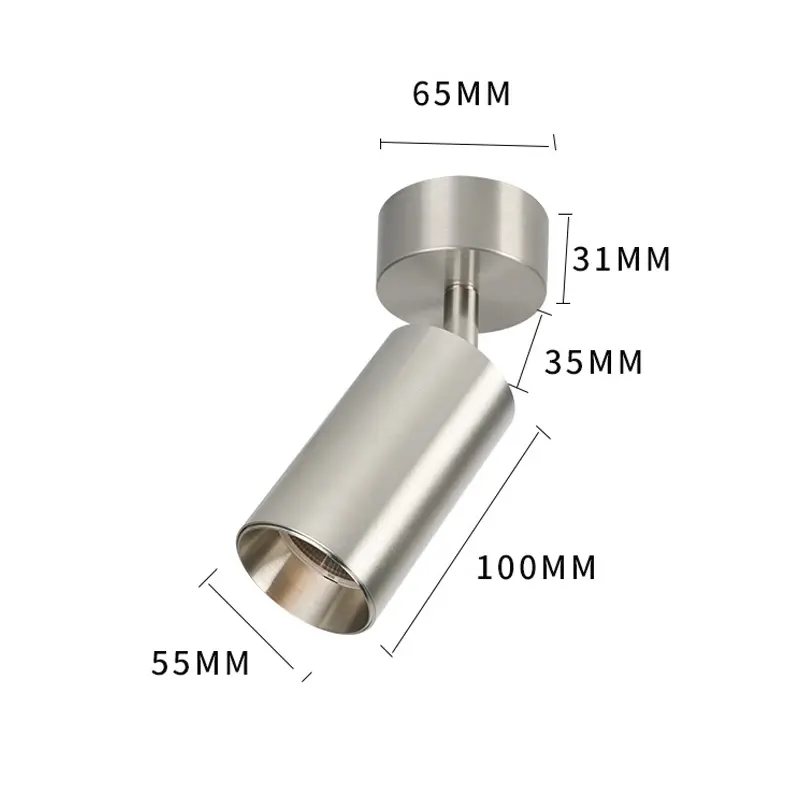 Silver aluminum surface mounted LED spotlight with dimensions 45mm and 55mm diameter by 100mm height showing adjustable cylinder design.