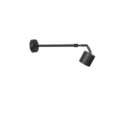 Black adjustable LED track light with telescoping arm installed on a wall.