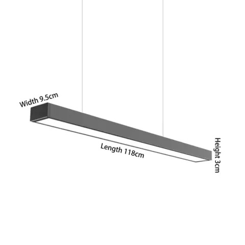 A 118cm sleek linear LED pendant light in a dark grey finish suitable for modern office lighting.