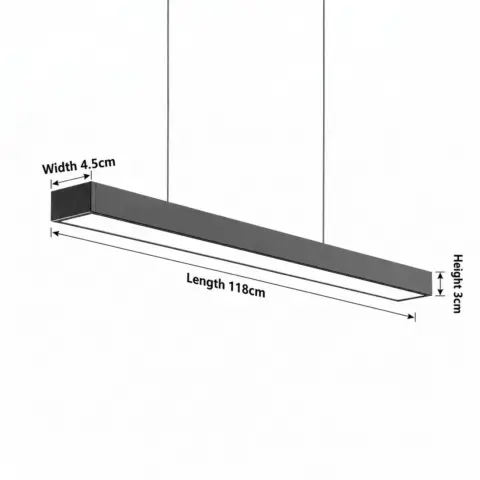 An ultra-slim 118cm linear LED pendant light in black, ideal for contemporary office and retail lighting.