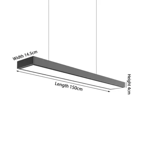 A 150cm wide linear LED pendant light in a dark finish for high-performance commercial lighting.