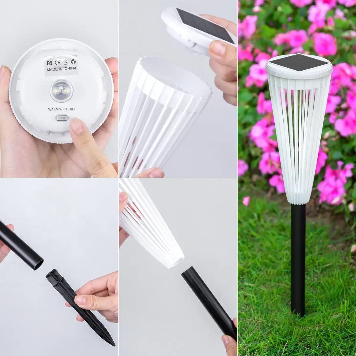 Modern white Solar LED Path Light installed in a garden pathway.