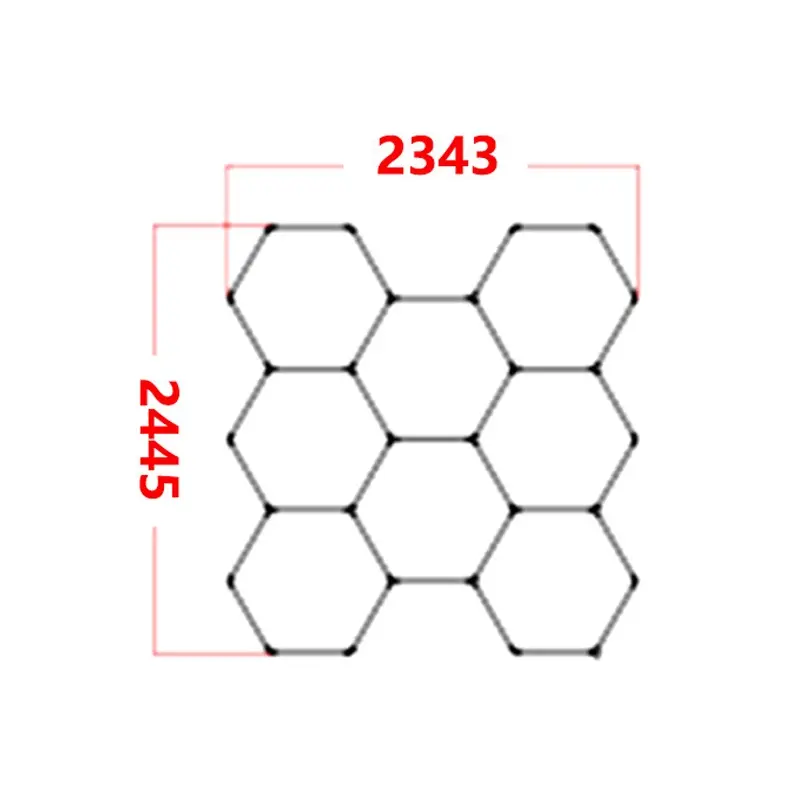 Technical dimension diagram of a hexagonal lighting module layout at 2445 x 2343 mm (approx. 96.3 x 92.2 in).