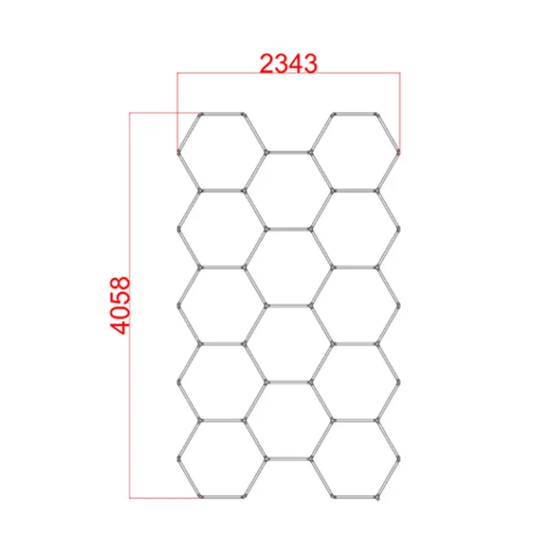 Technical dimension diagram of a large hexagonal lighting grid at 4058 x 2343 mm (approx. 159.8 x 92.2 in).
