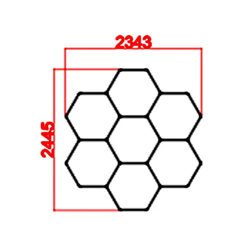 Layout schematic for hexagonal lighting installation measuring 2445 x 2343 mm (approx. 96.3 x 92.2 in).