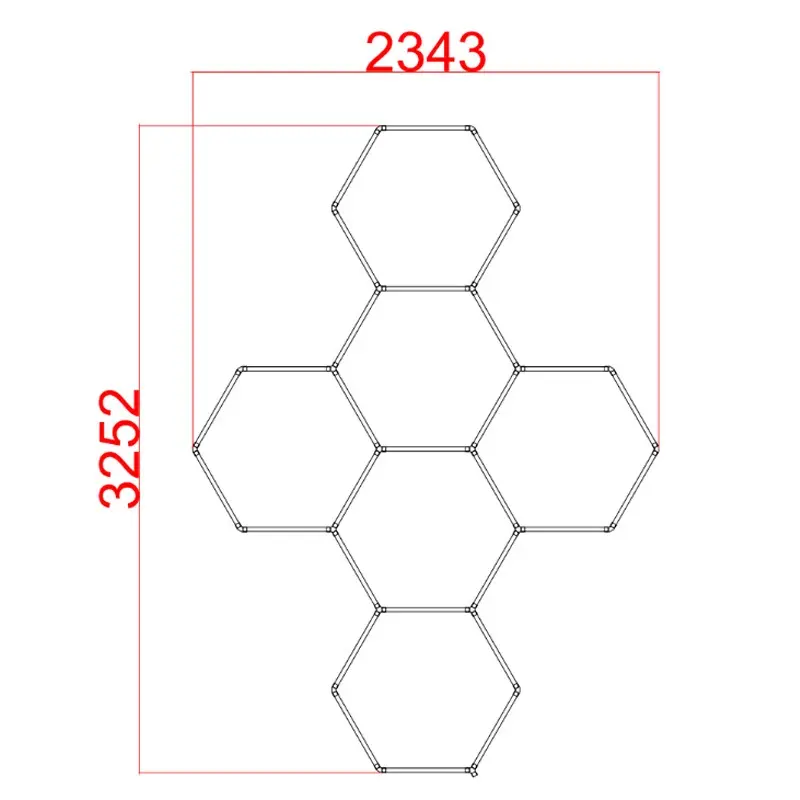 Professional installation diagram for hexagonal workshop lighting measuring 3252 x 2343 mm (approx. 128.0 x 92.2 in).