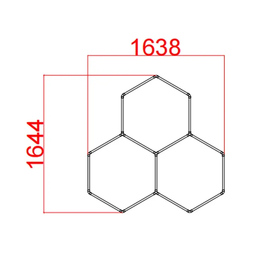 Small-scale hexagonal lighting module layout diagram measuring 1644 x 1638 mm (approx. 64.7 x 64.5 in).