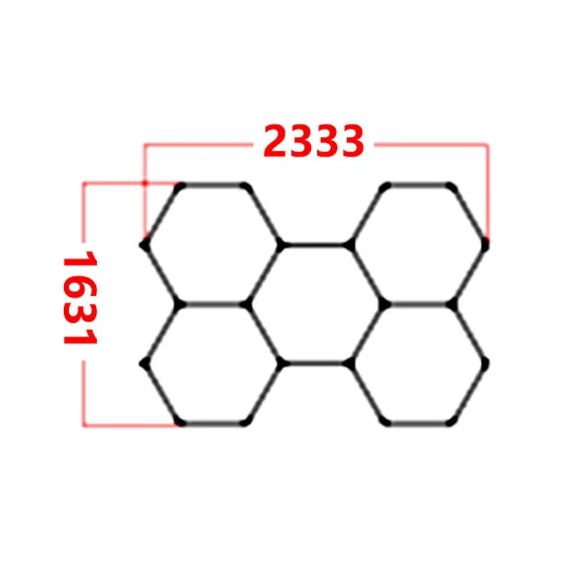 Custom hexagonal garage LED light configuration diagram at 1631 x 2333 mm (approx. 64.2 x 91.9 in).