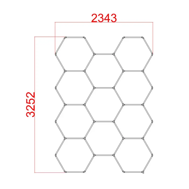 Extended hexagonal lighting grid layout design measuring 3252 x 2343 mm (approx. 128.0 x 92.2 in).