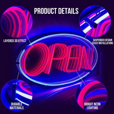 LED Infinity Mirror Open Sign – Customizable 3D Neon Shop Display (80cm x 41cm)