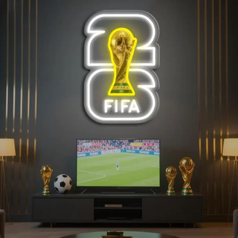 Custom FIFA World Cup LED Neon Sign in 3.webp and 3-1.webp, showing a vibrant trophy design.