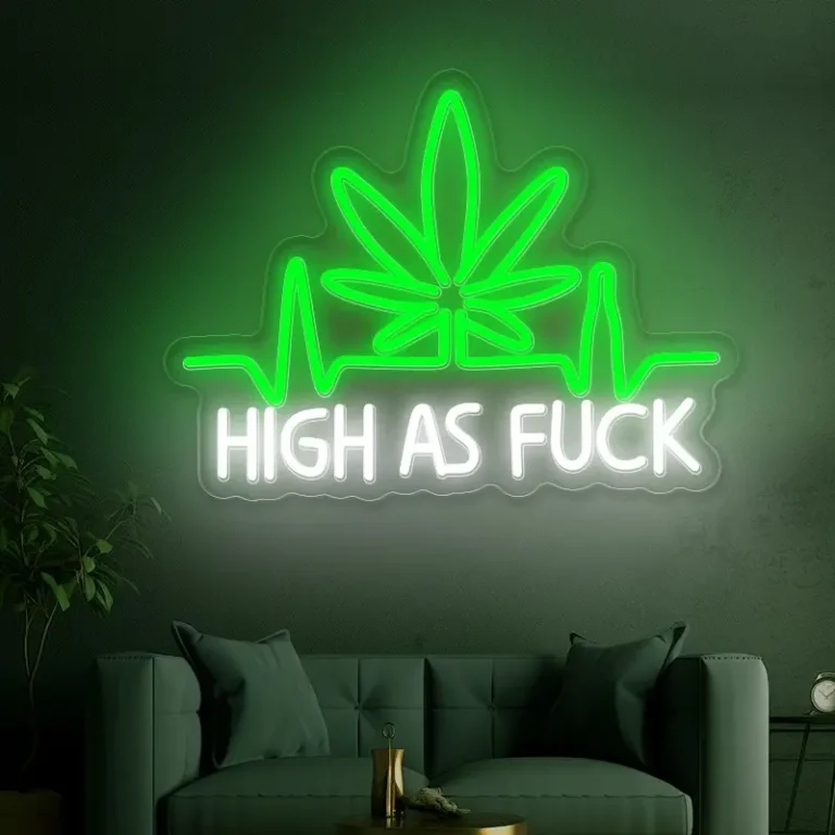 Custom LED Neon Sign featuring a green marijuana leaf icon with a heart rate pulse design and bold text.