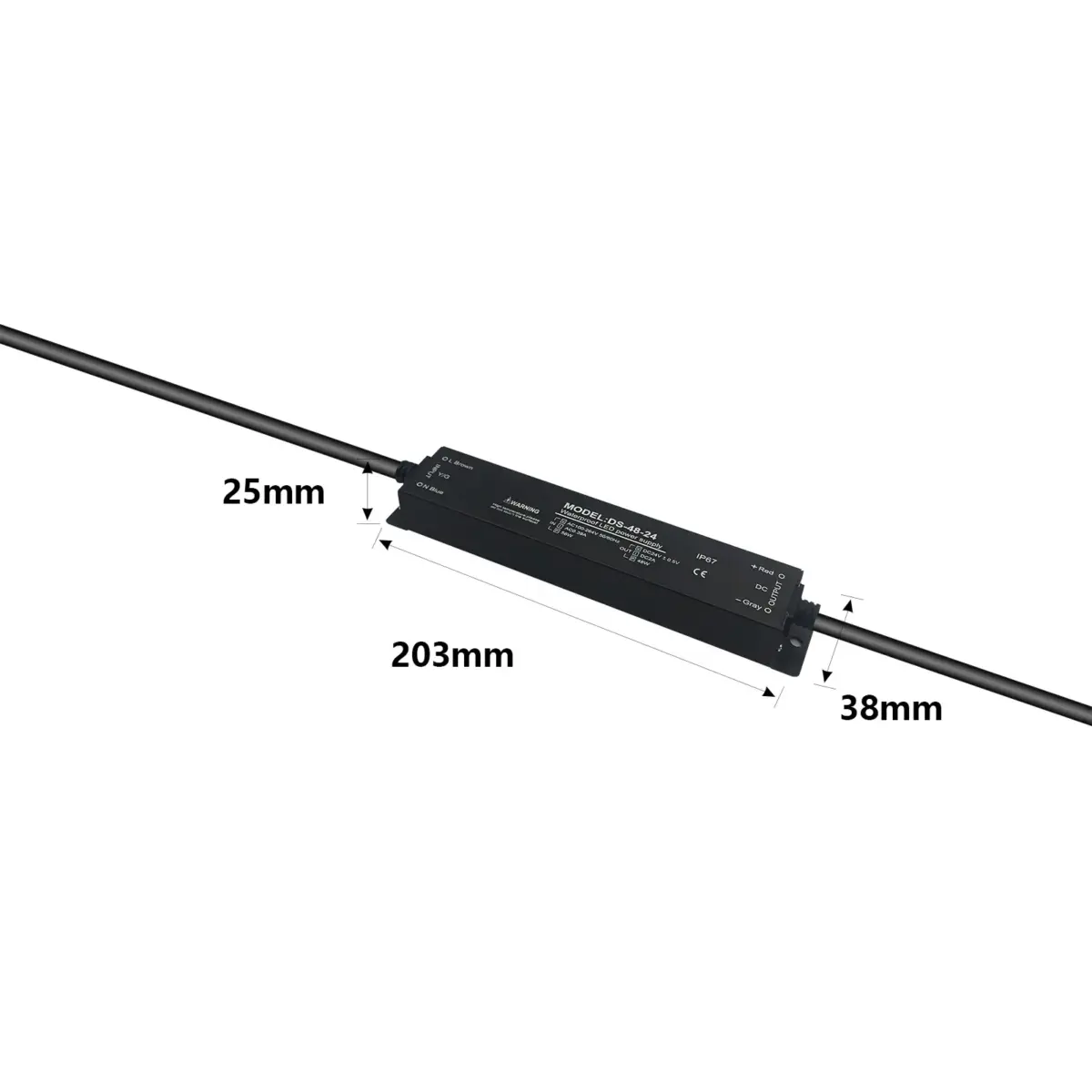 48W waterproof LED switching power supply measuring 203mm.