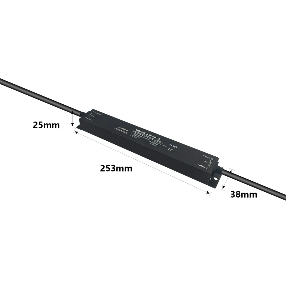 60W IP67 waterproof LED power supply measuring 253mm.