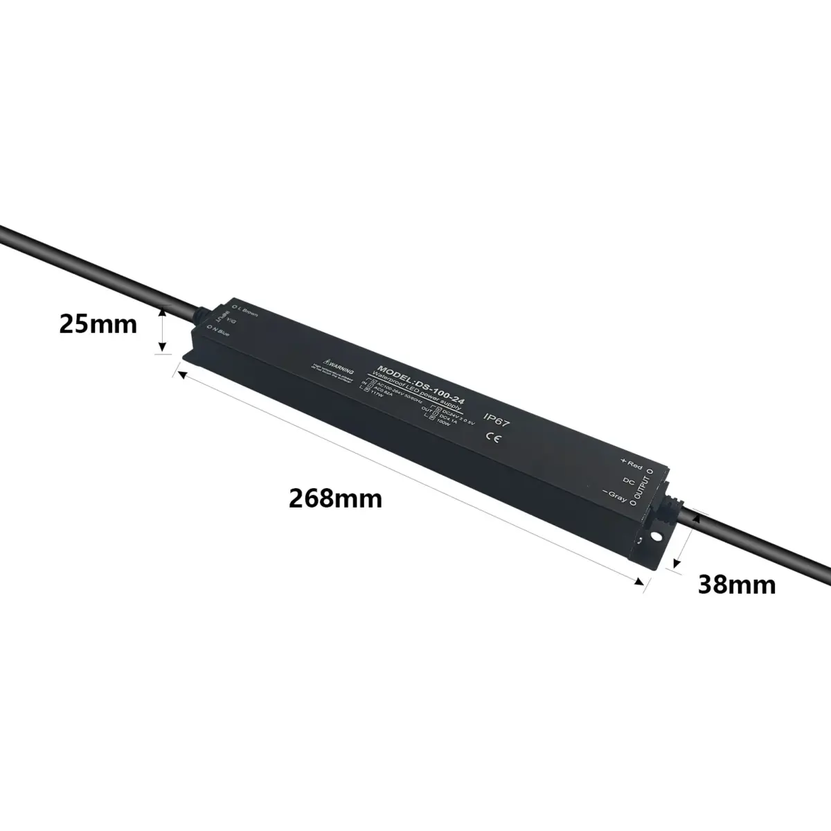100W waterproof LED driver measuring 268mm.
