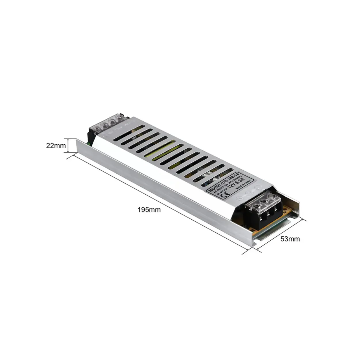 100W ultra-thin LED switching power supply measuring 195mm.