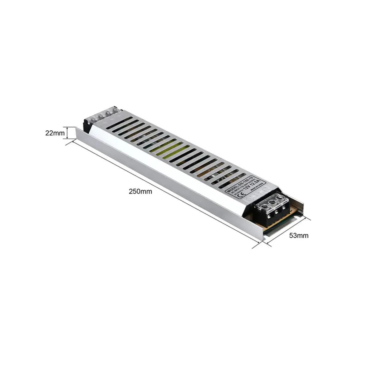 150W ultra-thin LED switching power supply measuring 250mm.
