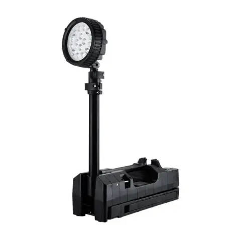 Black heavy duty portable LED work light with rechargeable base housing and extended adjustable telescopic pole holding a round multi LED lamp head.