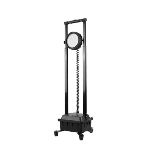Black industrial rechargeable mobile light tower showing an aluminum dual pole telescopic mast holding a high power circular multi LED light head over a wheeled battery base housing.