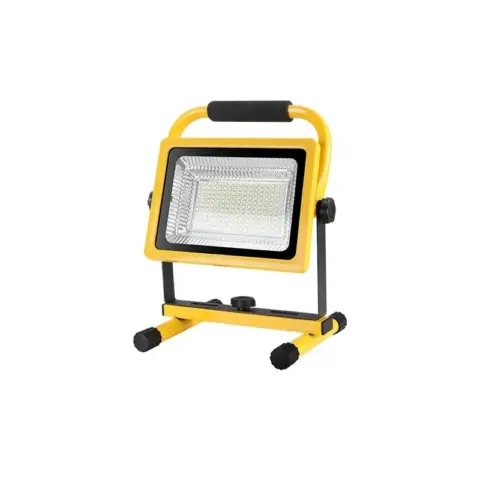 Yellow and black heavy-duty rechargeable industrial LED work light with an aluminum frame, a cushioned carry handle, and an adjustable rectangular floodlight head.