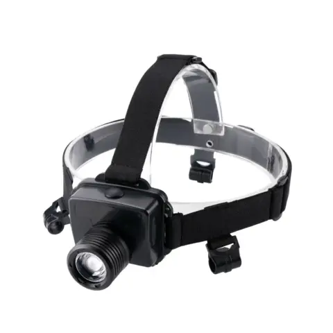 Black rechargeable explosion-proof headlamp featuring a central LED housing and adjustable elastic head strap system for hands-free industrial site usage.