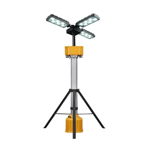 Industrial 180W telescopic LED light tower in 7.webp, featuring a tripod base, extended mast, and four adjustable bright light panels for wide-area site illumination.