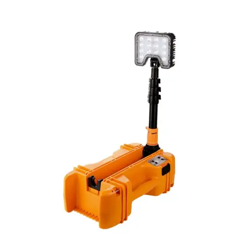 Professional 35W portable LED telescopic work light in 8.webp, featuring a rugged orange storage case, telescopic mast, and a rotating LED floodlight head.