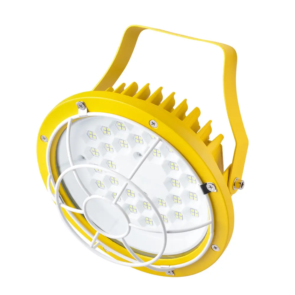 High-brightness LED loading dock light with a flexible yellow arm and protective cage.