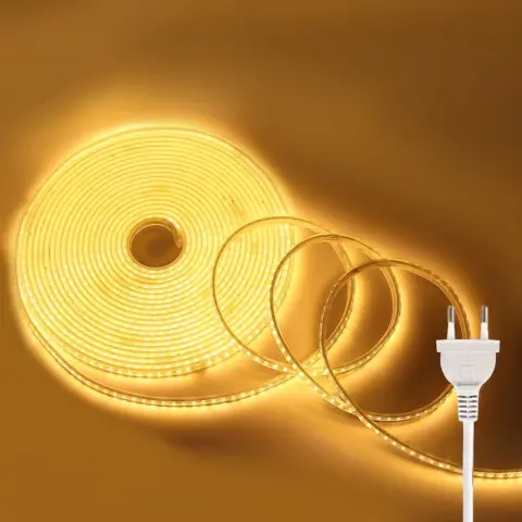 Close-up of High-Brightness 110V LED Strip Light showing uniform warm glow and power plug.